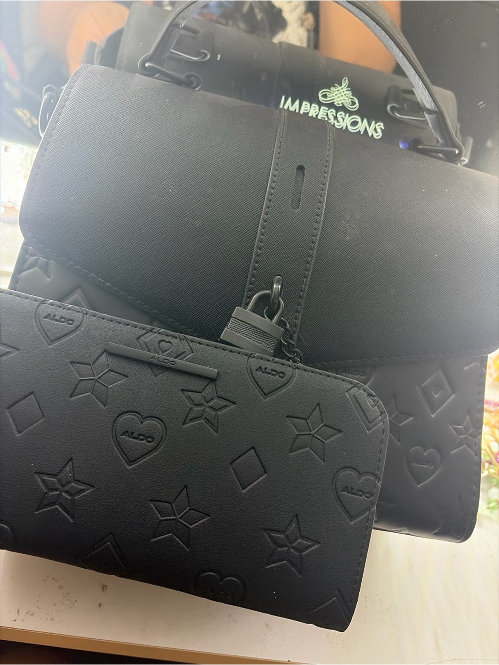 Aldo Black Embossed Top-Handle Shoulder Bag with Matching Wallet